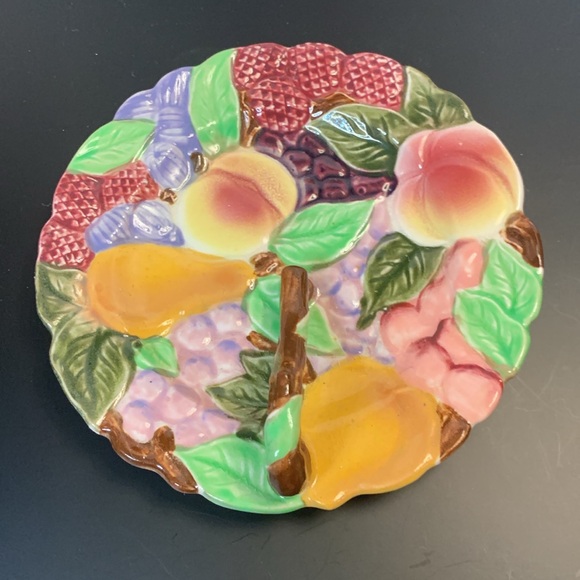 VINTAGE MAJOLICA STYLE JAPAN TUTTI FRUTTI SINGLE HANDLE LEMON SERVER PLATE 6” - Picture 3 of 7